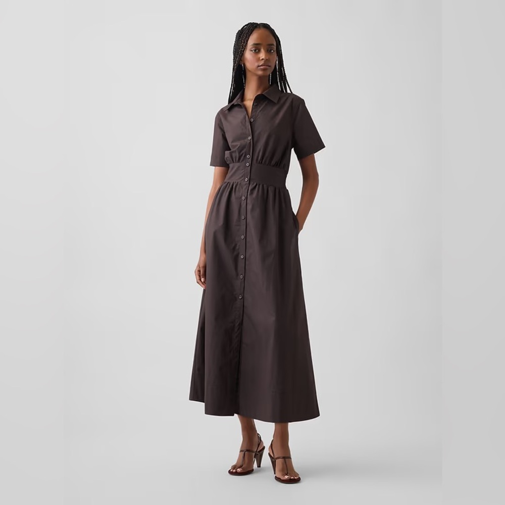NWT! GAP Terra Brown Poplin Smocked-Waist Maxi Shirtdress - Large Tall 🍒
